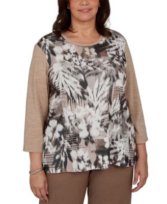 Plus Size Floral-Print 3/4-Sleeve T-Shirt