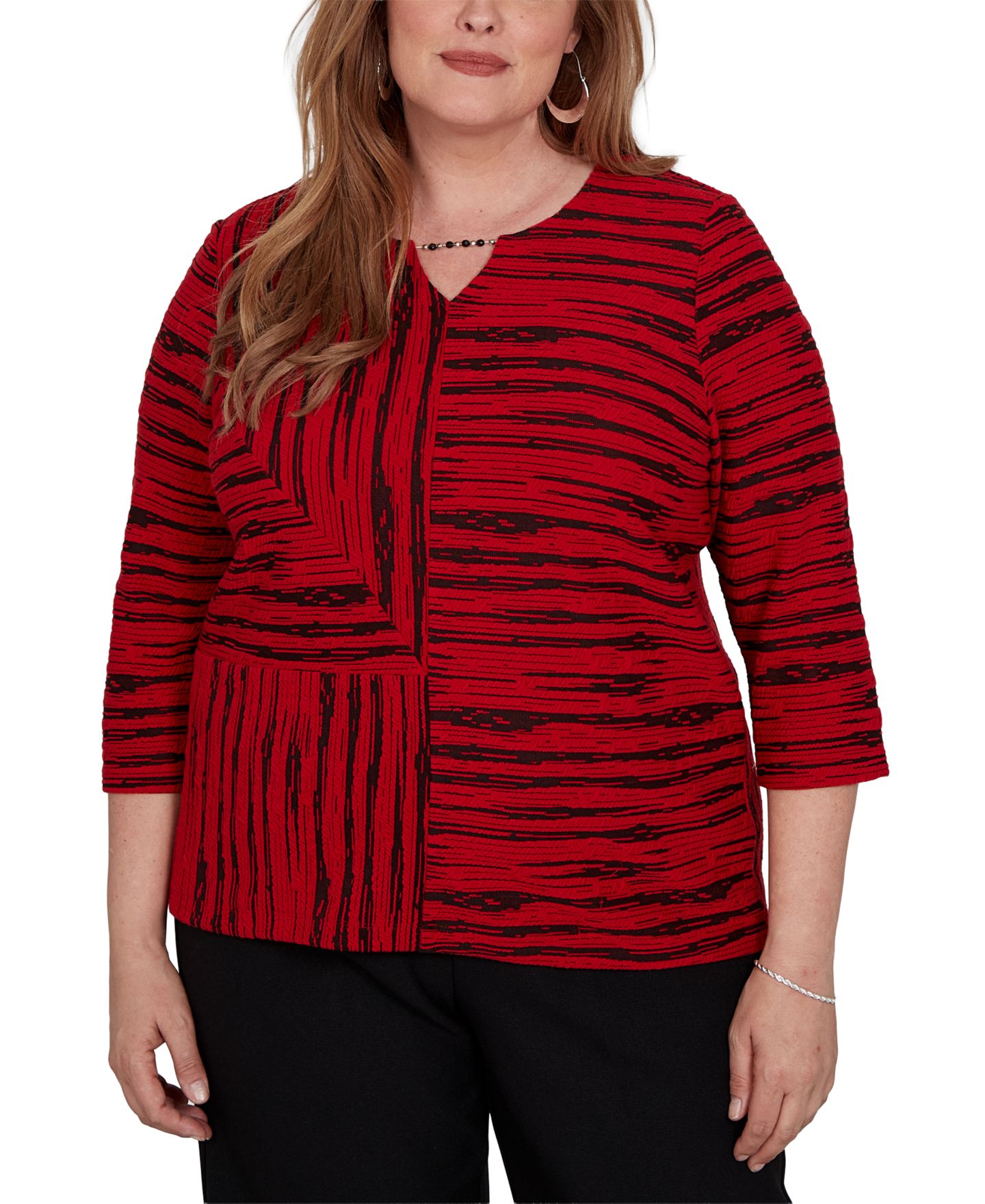 Женская блузка Alfred Dunner Plus Size Keyhole Neck Print 3/4-Sleeve, цвет: Красный — фото 1