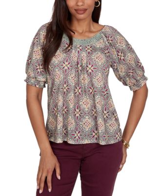 Petite Desert Geo Print Lace Trim Knit Top