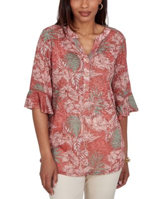 Petite Tropical Floral Burnout Split Neck Top