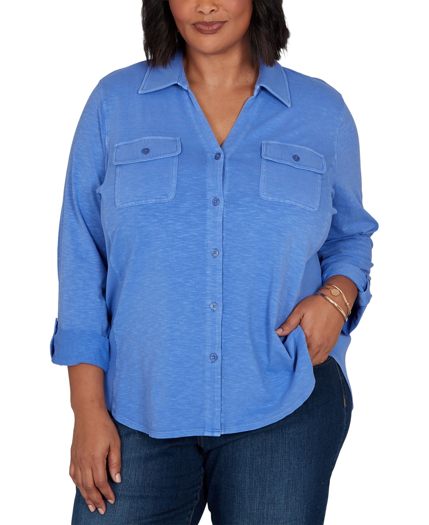Женский топ Ruby Rd. Plus Size Rib Trim Button-Front Knit, цвет: Blubird — фото 1
