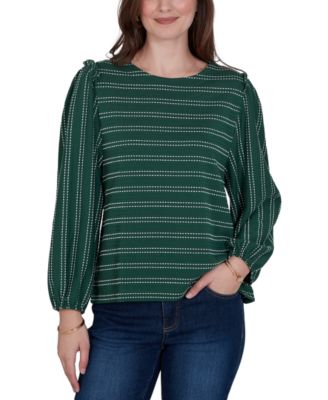 Petite Long-Sleeve Dobby-Stripe Crewneck Blouse