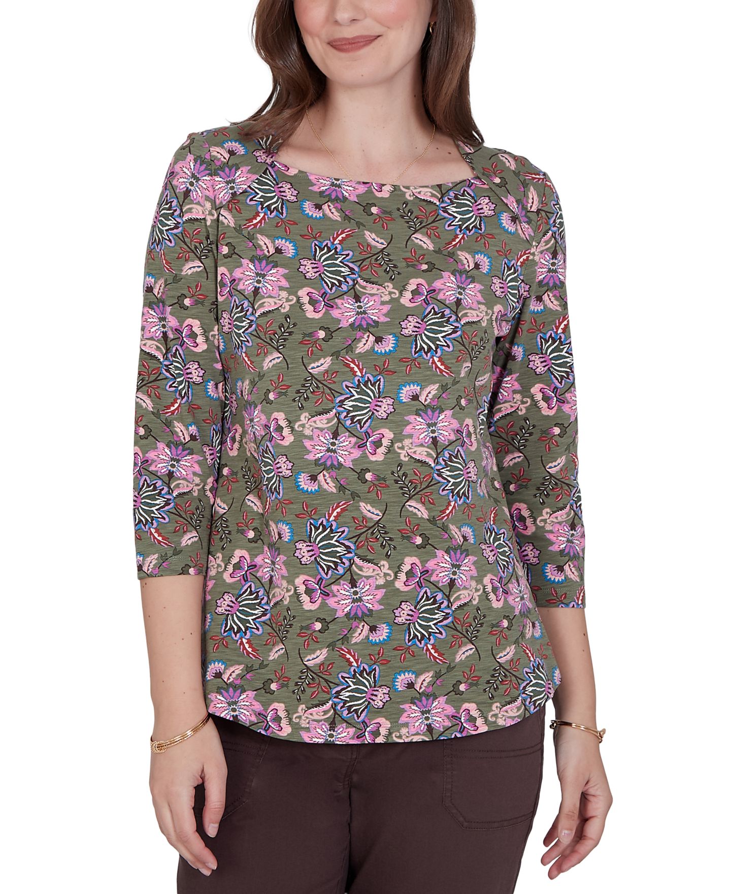 Женская блузка Ruby Rd. Petite Kint Garden Top Square-Neck 3/4-Sleeve Floral, цвет: Разноцветный — фото 1