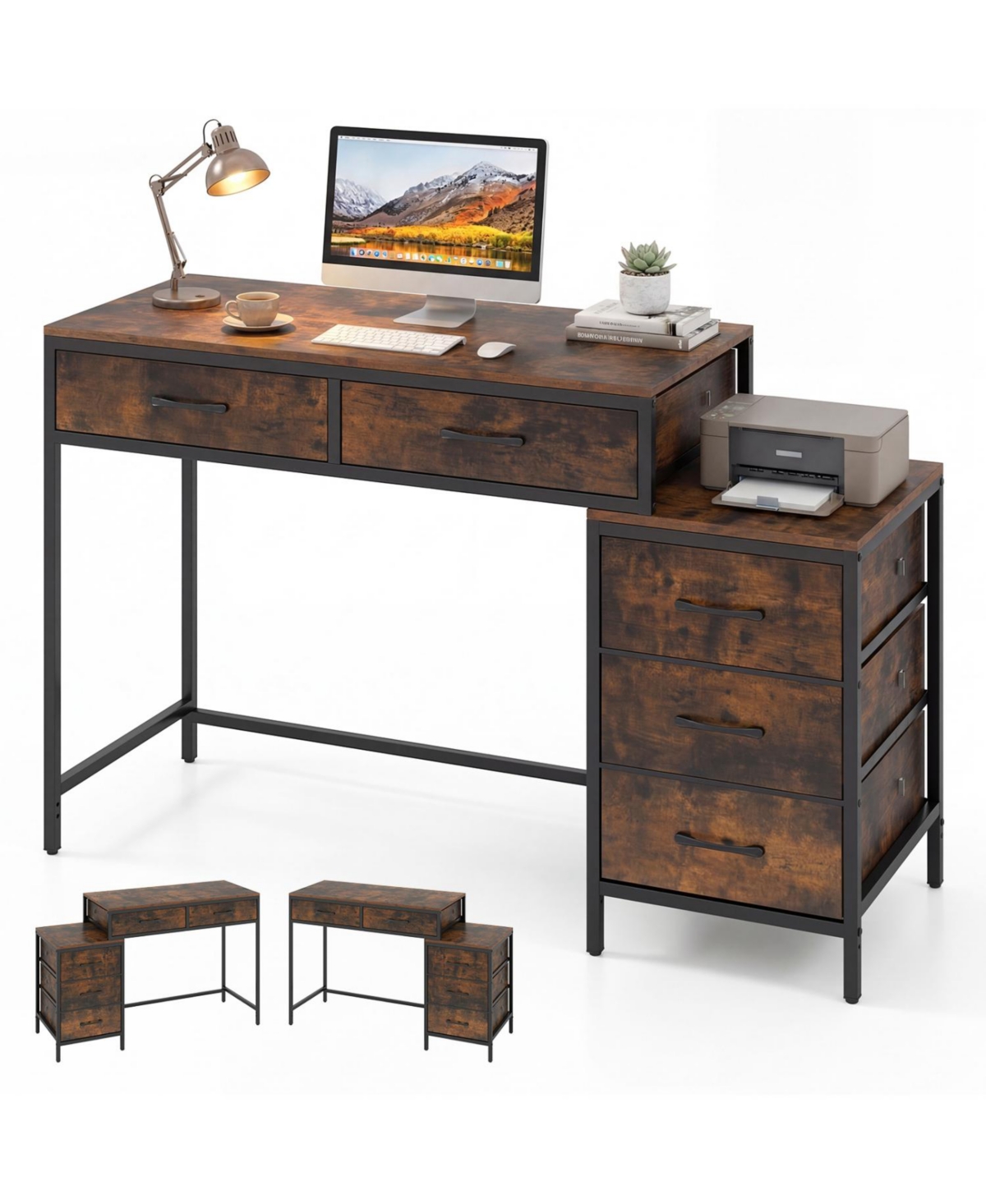 Mecale Computer Desk with 5 Drawers and Printer Stand for Bedroom and Small Spaces - Rustic brown