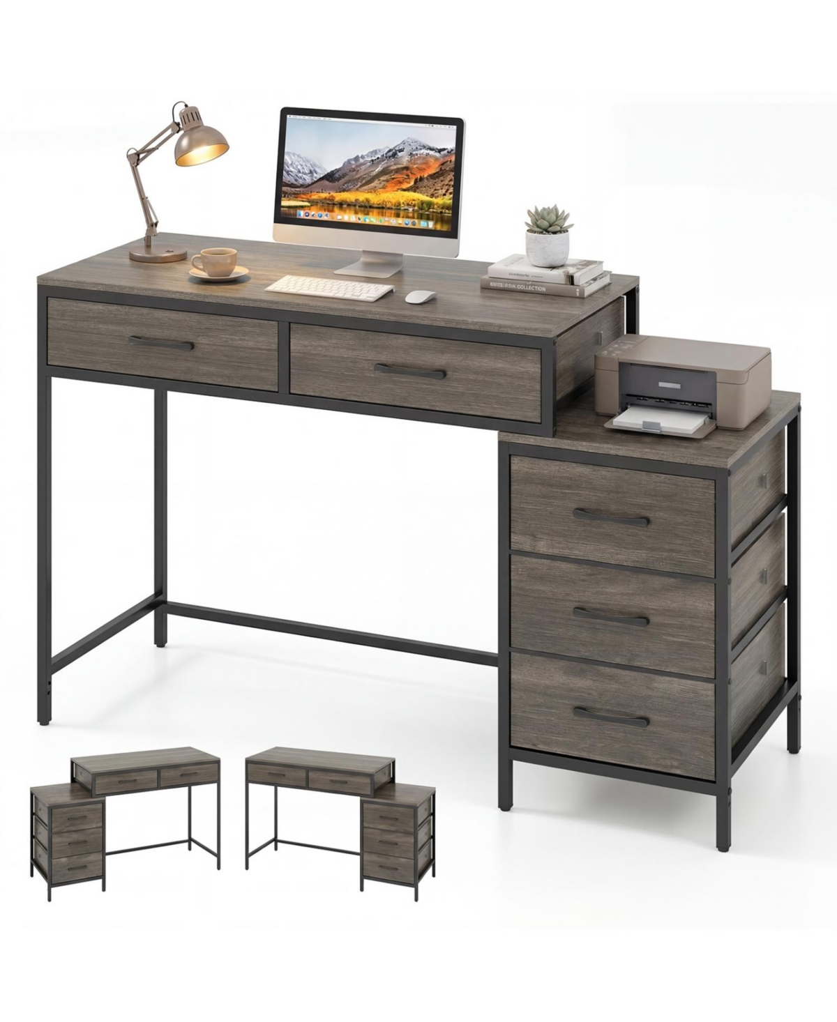 Mecale Computer Desk with 5 Drawers and Printer Stand for Bedroom Small Spaces