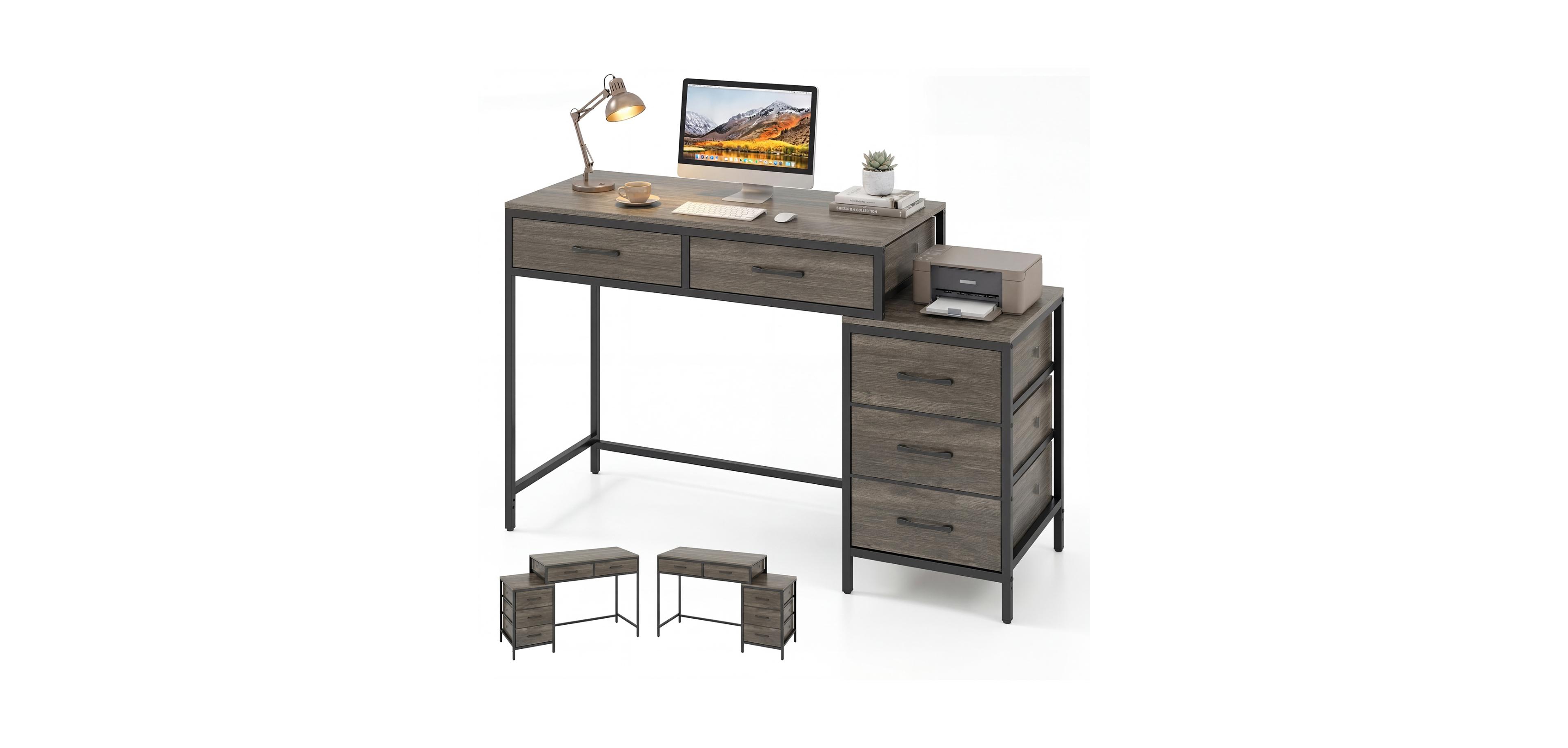 Mecale Computer Desk with 5 Drawers and Printer Stand for Bedroom Small Spaces