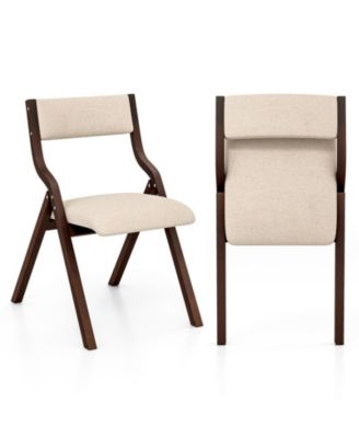 Set of 2 Wooden Folding Dining Chair with Linen Fabric Padded Seat and Backrest