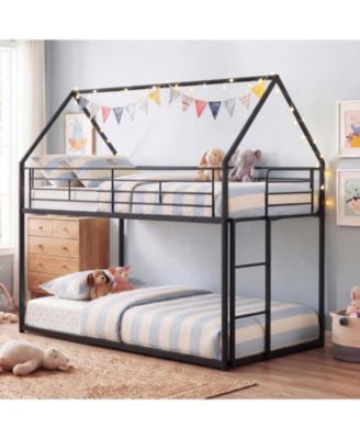 Twin Over Twin Metal Bunk Bed with Roof and Ladder