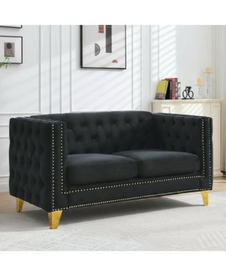 82" Velvet Chesterfield Sofa, Tufted Button Couch with Gold Metal Legs and Nailhead Trim, Modern 2-Seater with Unique Charm Loop