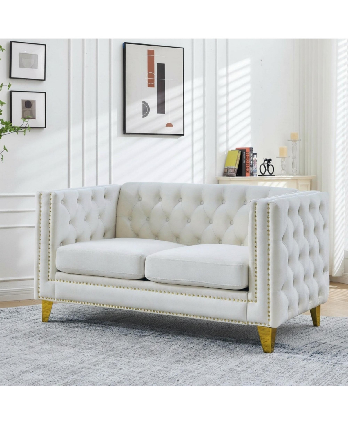 Sailvan 82" Velvet Chesterfield Sofa, Tufted Button Couch with Gold Metal Legs and Nailhead Trim, Modern 2-Seater Unique Charm Loop
