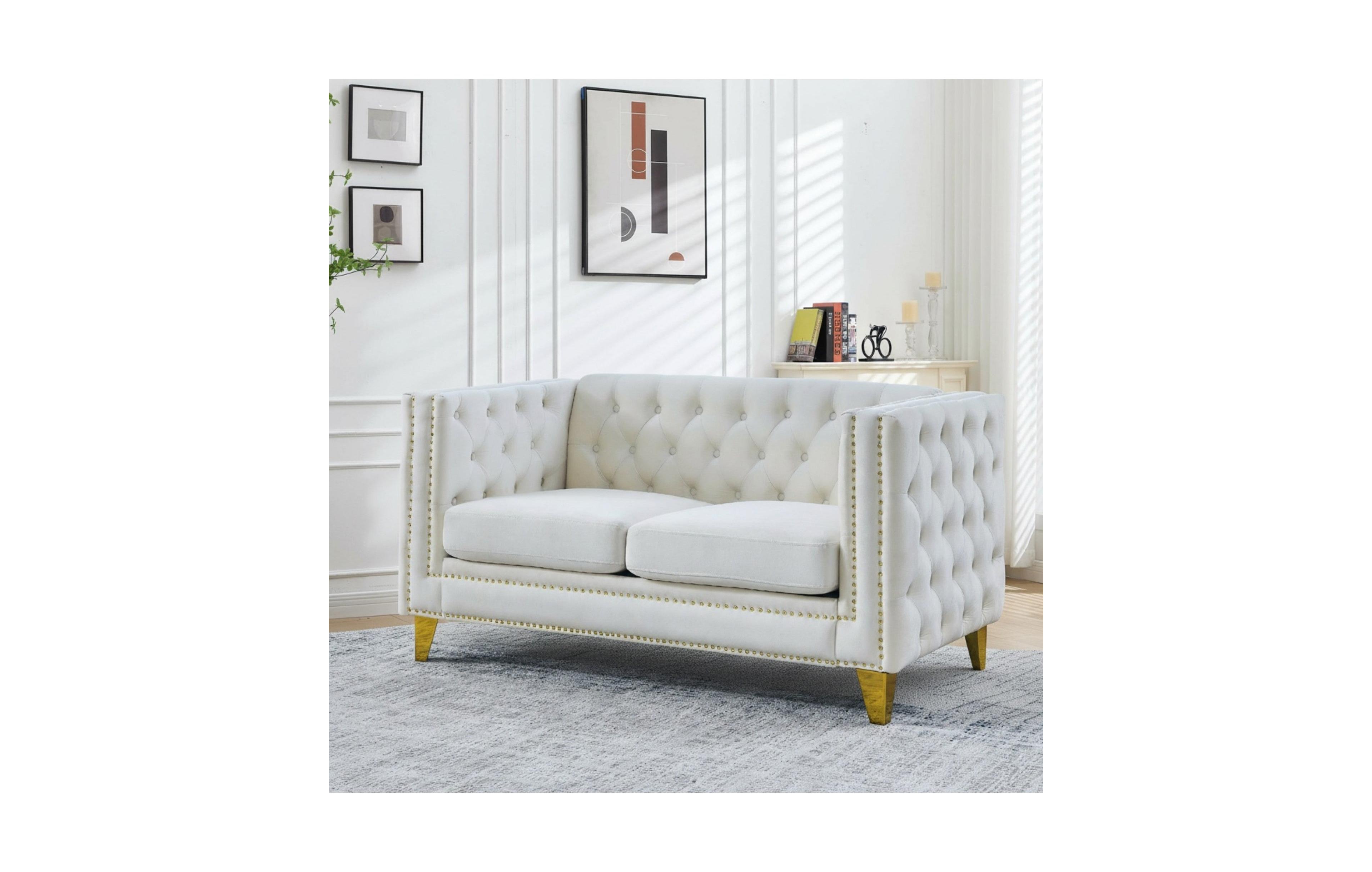 Sailvan 82" Velvet Chesterfield Sofa, Tufted Button Couch with Gold Metal Legs and Nailhead Trim, Modern 2-Seater Unique Charm Loop