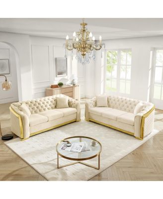Streamdale 84" Velvet Chesterfield Sofa with Gold Trim and 4 Pillows