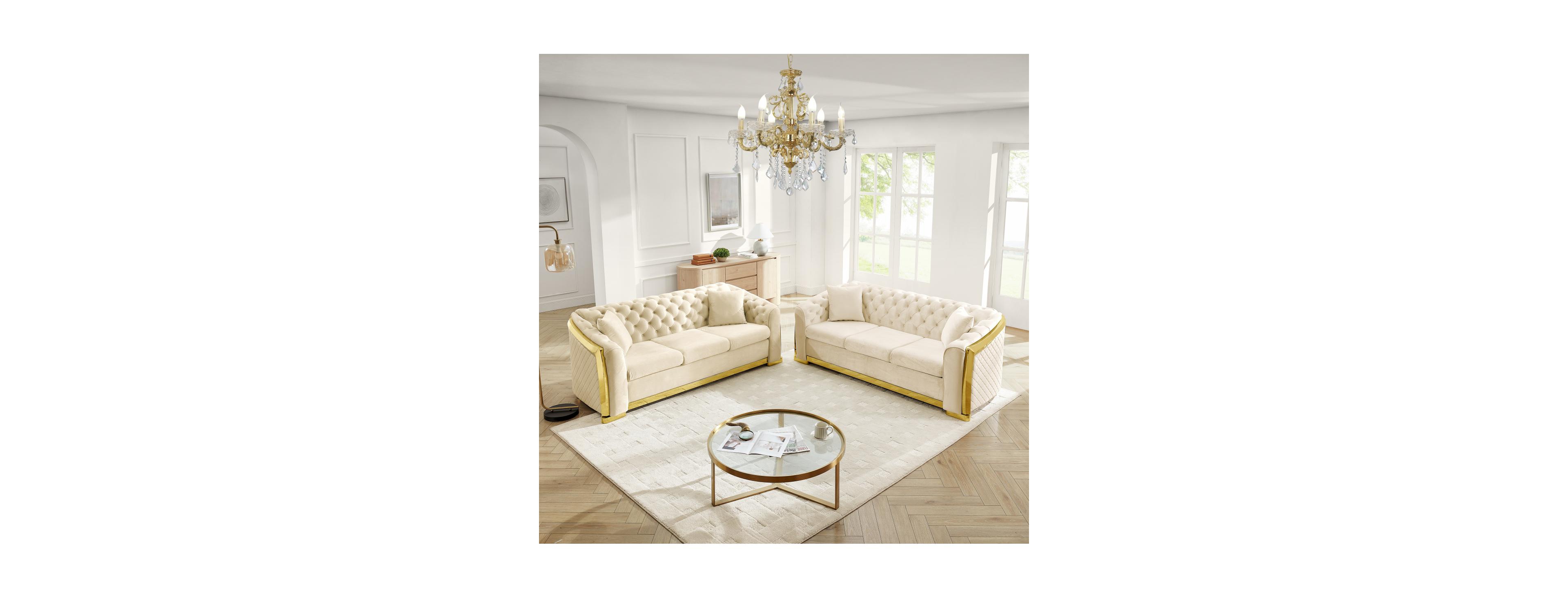Streamdale Furniture Streamdale 84" Velvet Chesterfield Sofa with Gold Trim and 4 Pillows