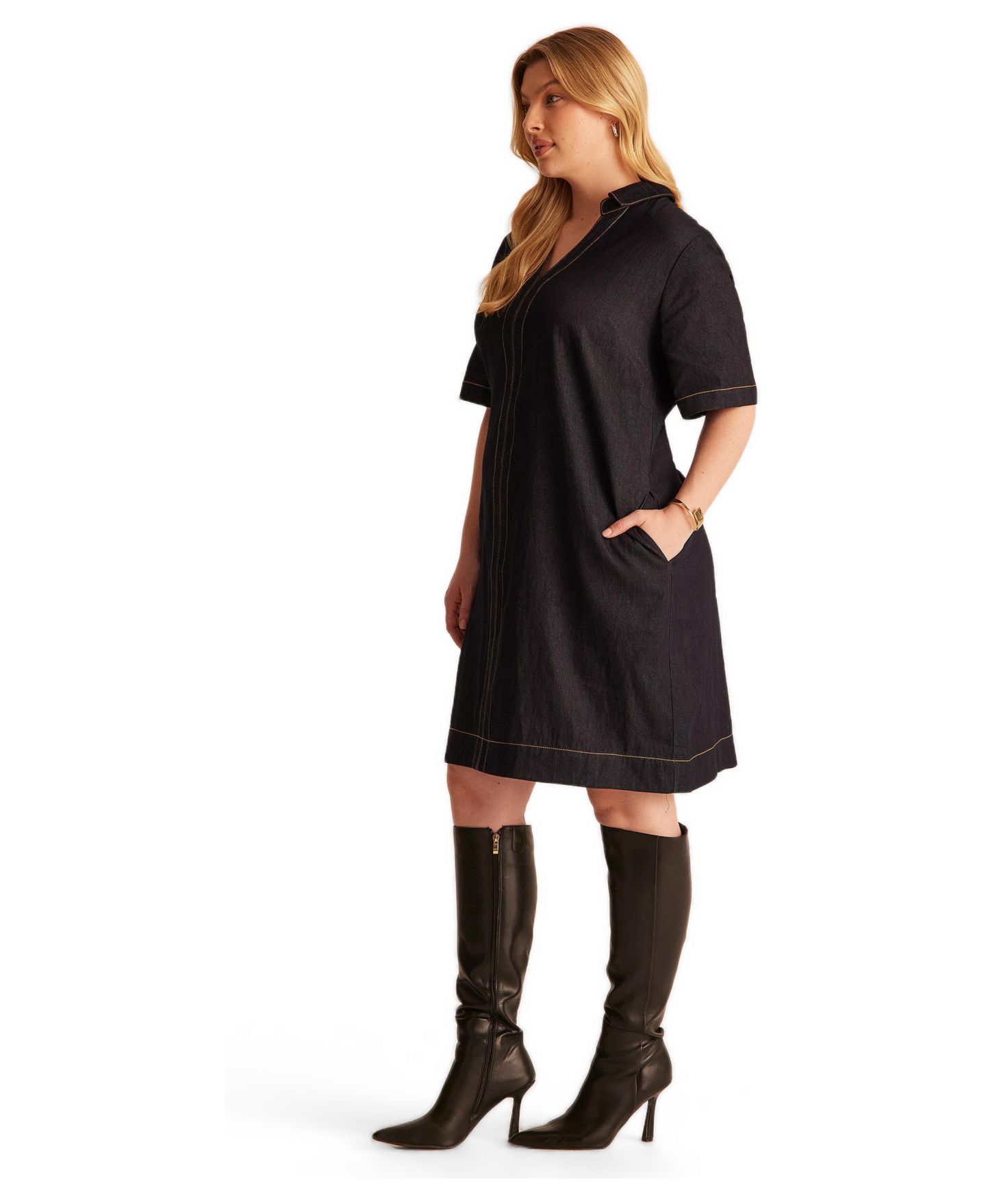Женское платье ESTELLE Plus Size Avah Collared Denim Shift, цвет: Индиго чёрный — фото 2