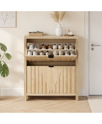31.5" Oak Shoe Cabinet with Vertical Carved Panels and Flip-Down Storage