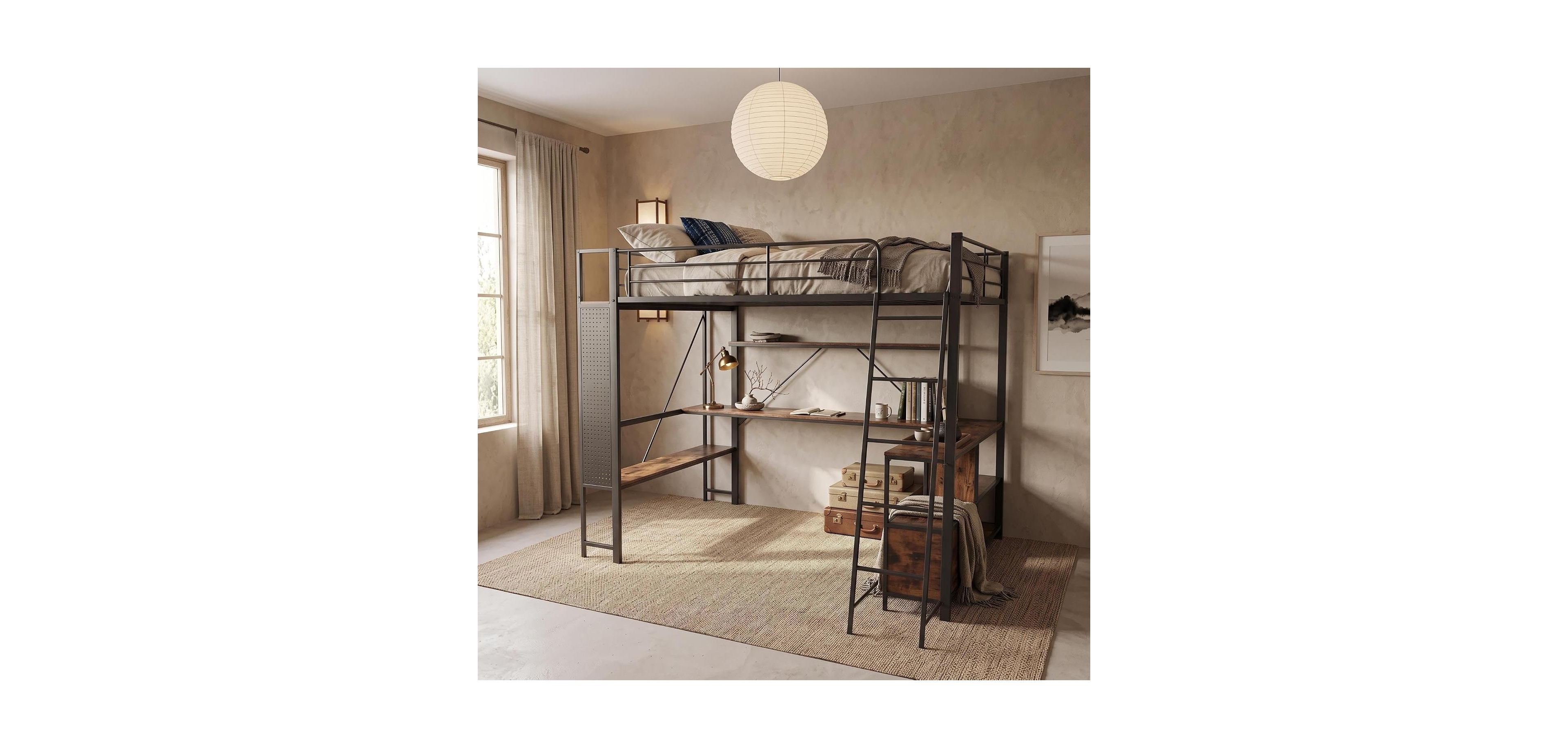 homfan Loft Bed Frame with Desk, Vintage Brown Metal and Mdf with Charging Station and Storage