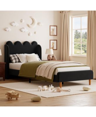 Set of 2 Upholstered Scalloped Wave Tall Headboard Bed Frame, Chenille Fabric with Wood Slat Support and No Box Spring Needed, for Bedroom