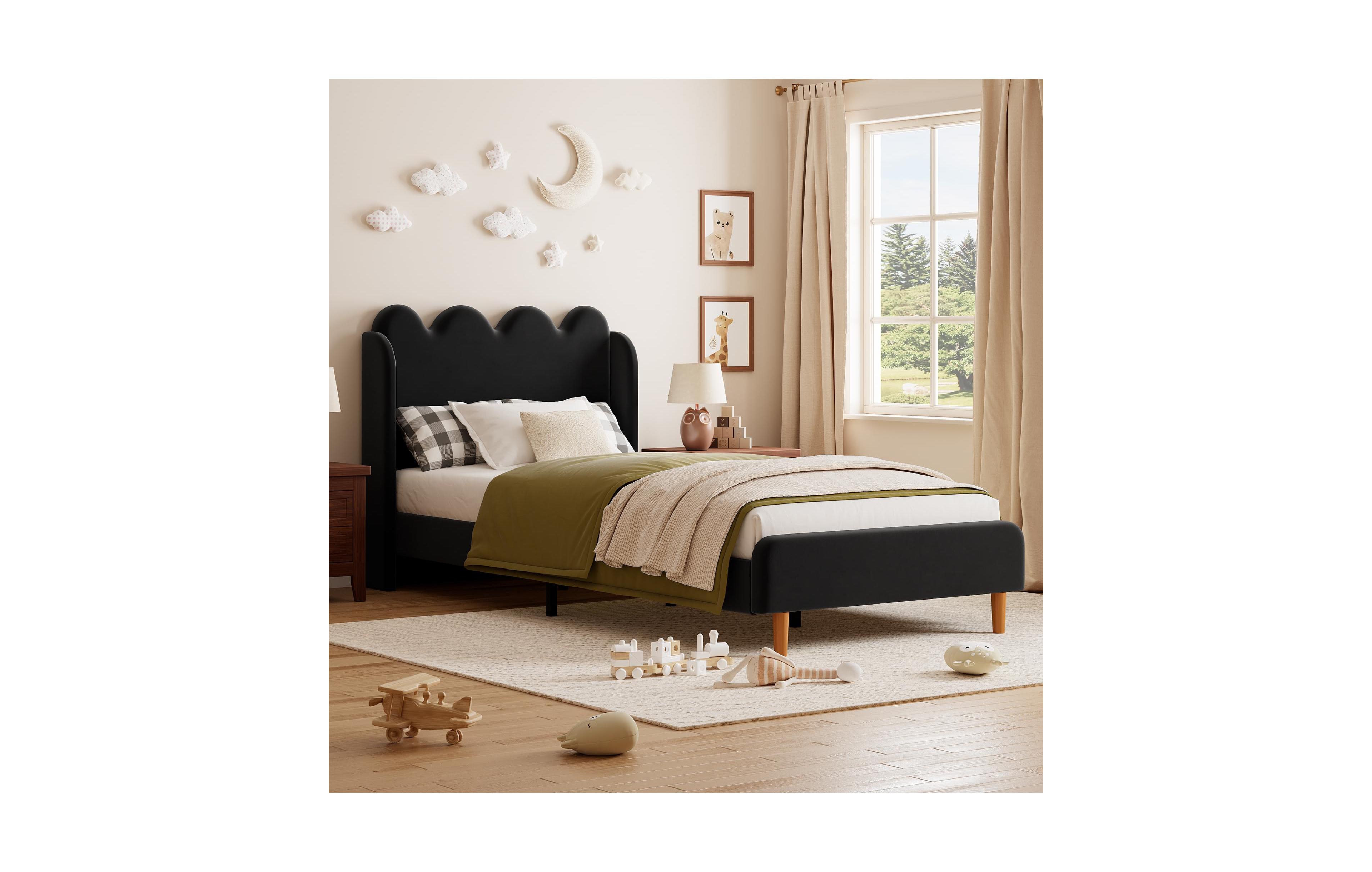 homfan Set of 2 Upholstered Scalloped Wave Tall Headboard Bed Frame, Chenille Fabric with Wood Slat Support and No Box Spring Needed, for Bedroom