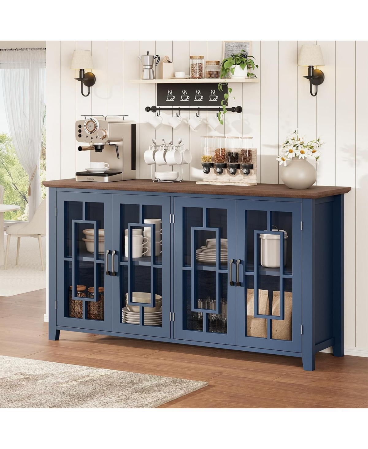 homfan 63 Farmhouse Sideboard Buffet with 4 Tempered Glass Doors Adjustable Shelves Kitchen and Dining Room