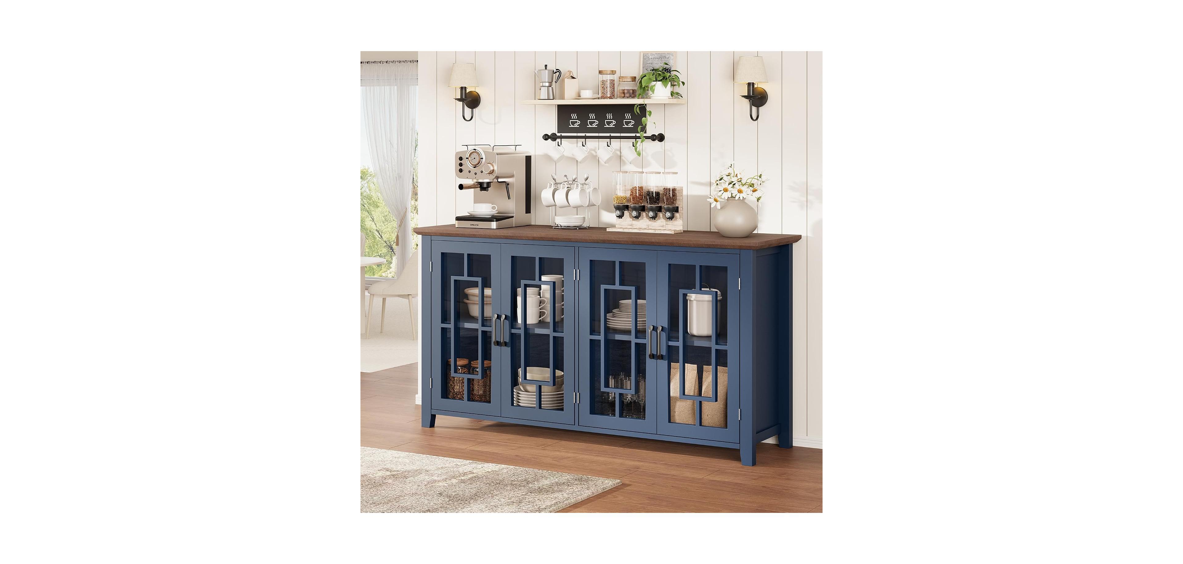 homfan 63 Farmhouse Sideboard Buffet with 4 Tempered Glass Doors Adjustable Shelves Kitchen and Dining Room
