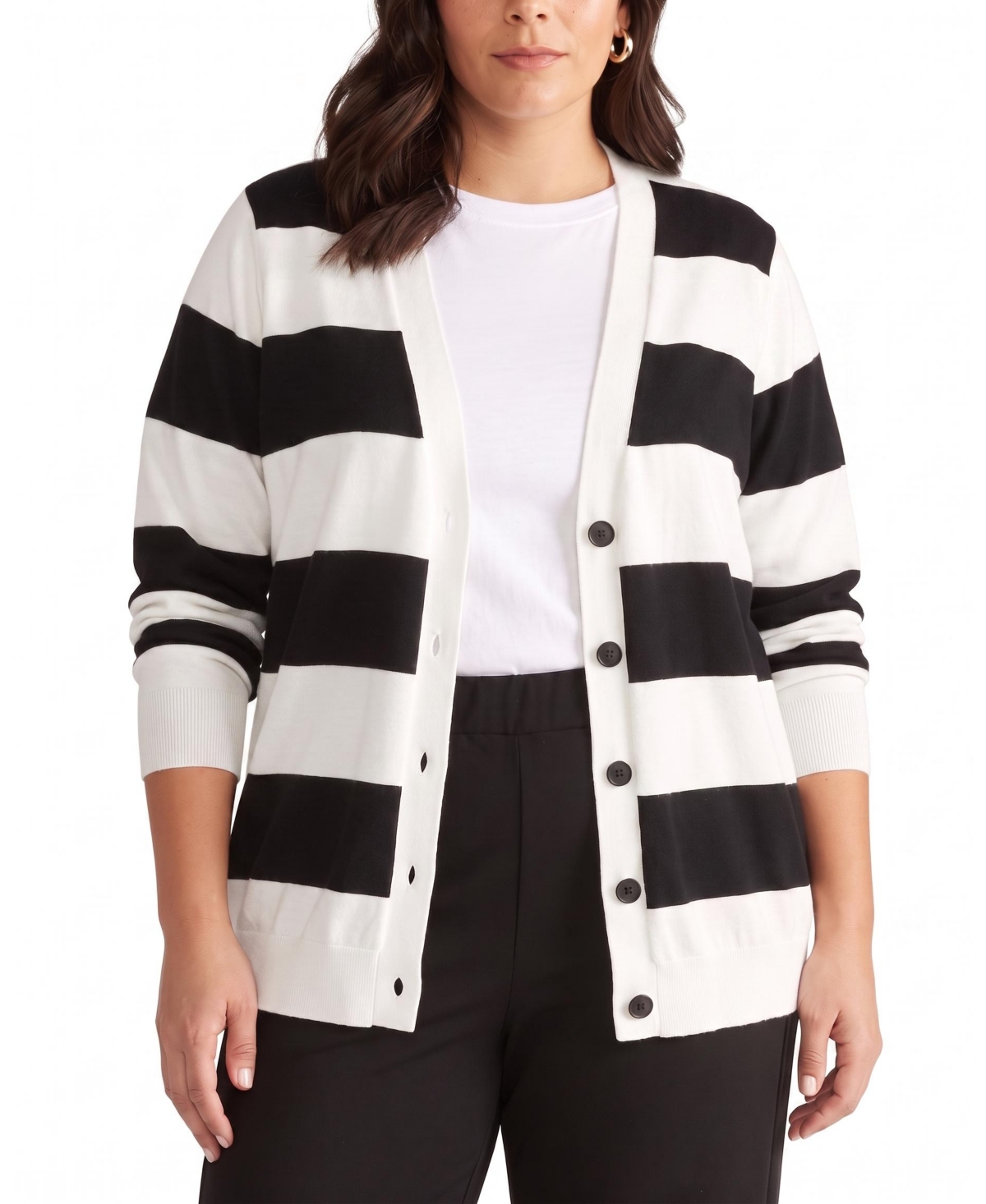 Savvy Fine Knit V-Neck Cardigan - Black/Ecru Rugby Stripe - 4XL_38-40 / Black/Ecru Rugby Stripe