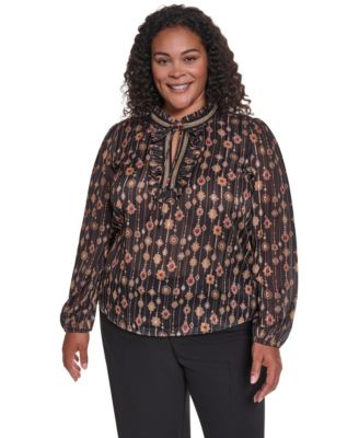 Plus Size Long-Sleeve Tie-Front V-Neck Blouse