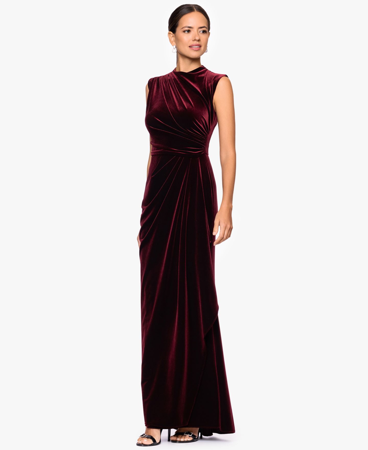 Женские платья Betsy & Adam Cherie Long Velvet Mock Neck Gown, цвет: Бордовый — фото 2