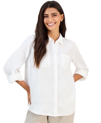 Petite Linen 3/4-Sleeve Roll-Tab Shirt
