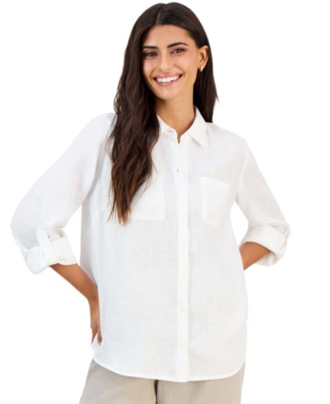 Женская рубашка Charter Club Petite Linen 3/4-Sleeve Roll-Tab, цвет: Яркий белый