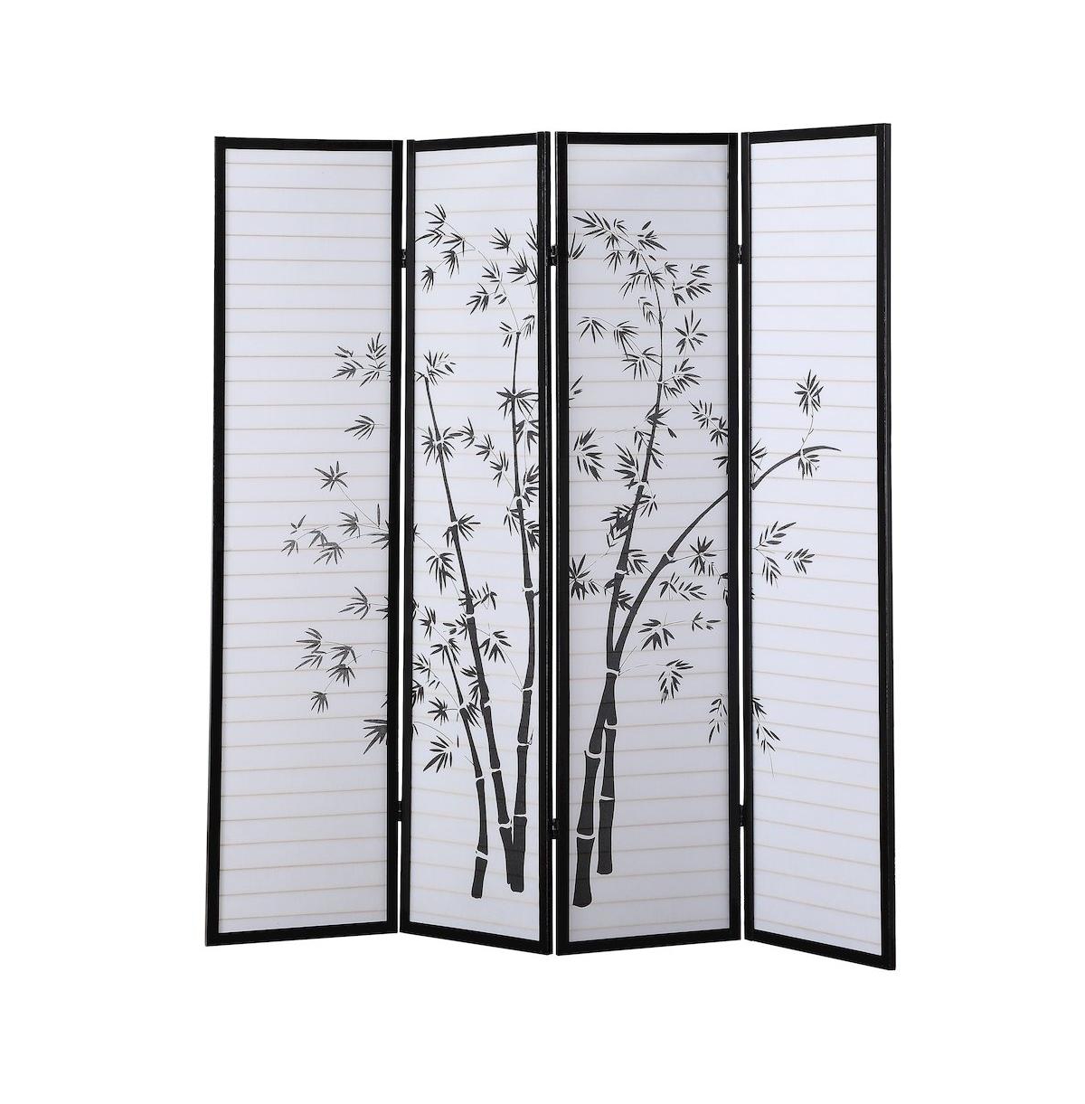Roundhill Furniture Bamm Bamboo Print 4-Panel Framed Room Screen or Divider - Black