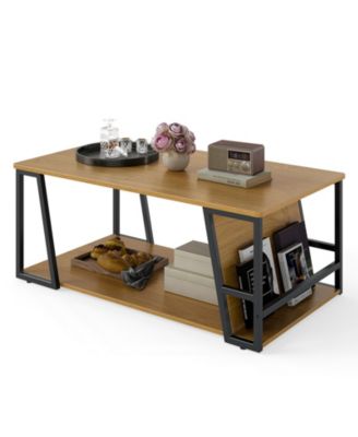 Rectangle Coffee Table 2 Tier Industrial Accent Table with Storage Shelf and Compartment