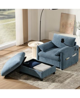 37" Single Sofa with Storage Ottoman, Chenille Armchair - Adjustable Phone Holder, Dual-Port Charger and Side Pockets for Living Room