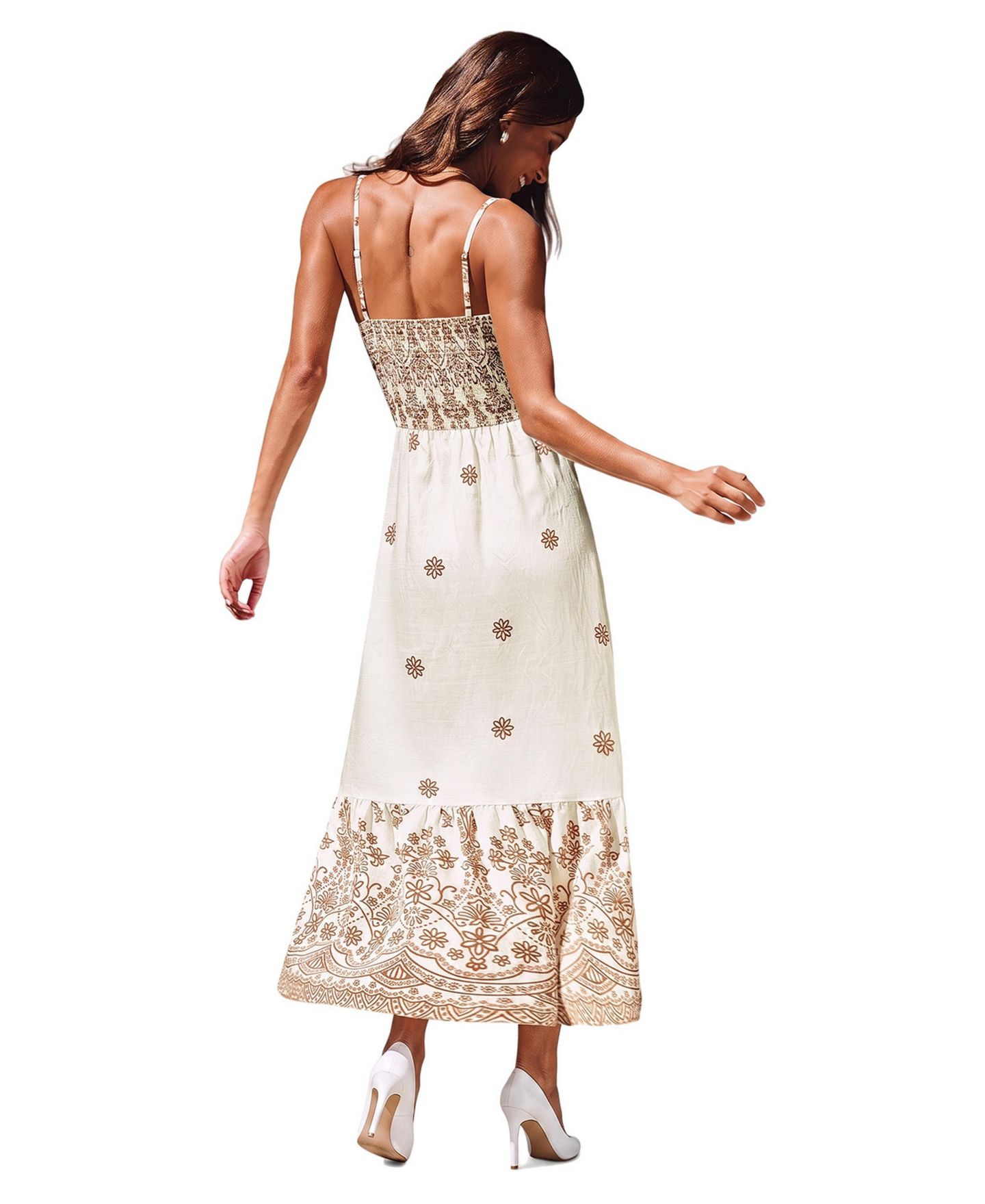 Женское платье Cupshe Big Entrance V-Neck Sleeveless Smocked-Waist Maxi, цвет: Светлый бежевый — фото 3