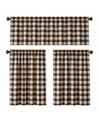 3 Piece Brown Buffalo Plaid Country Farmhouse Kitchen Curtain Tier And Valance Set