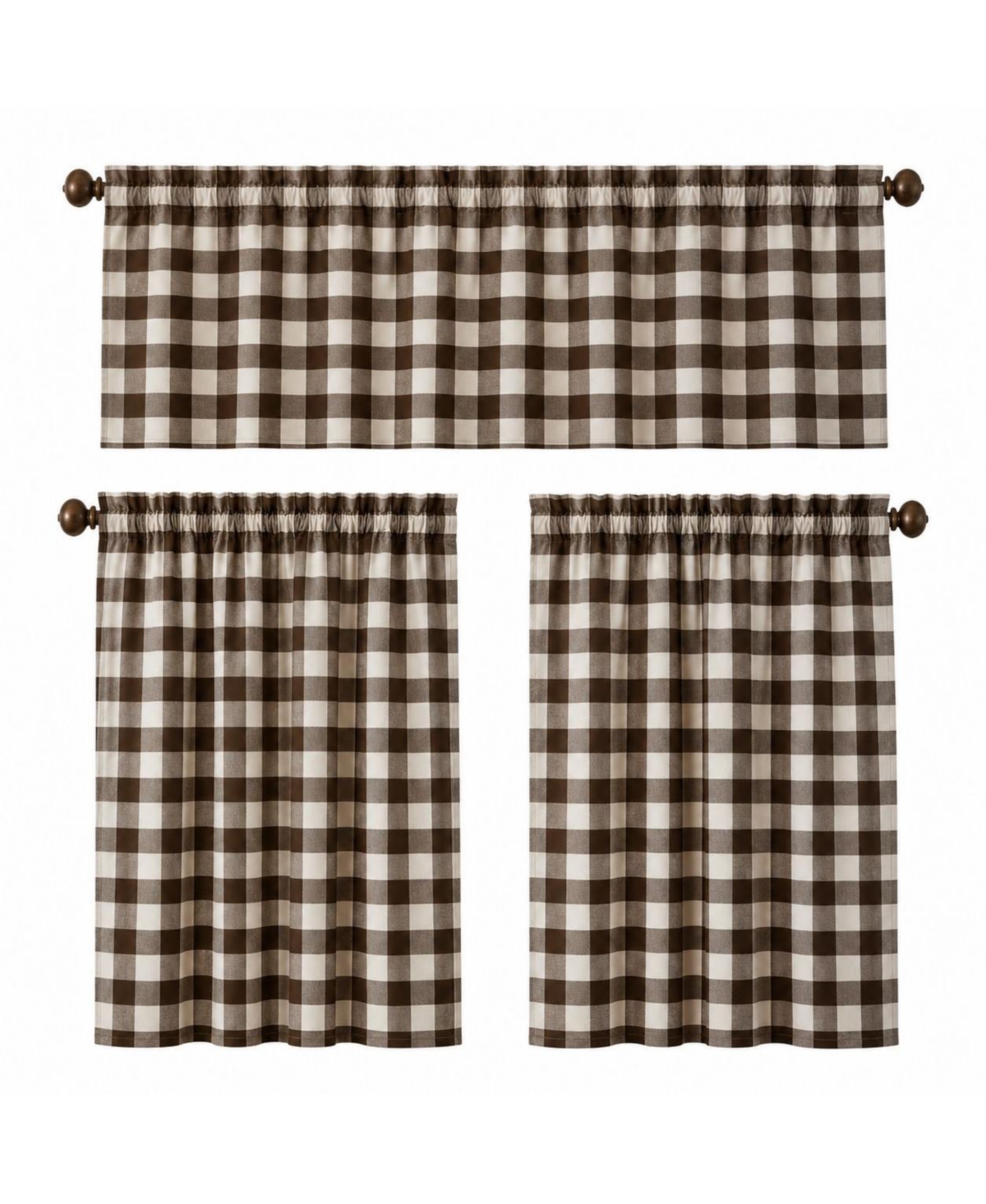 Kate Aurora 3 Piece Brown Buffalo Plaid Country Farmhouse Kitchen Curtain Tier And Valance Set