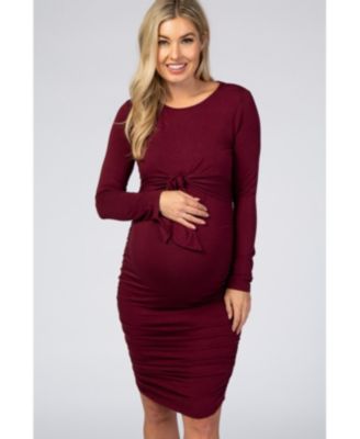 Women's Burgundy Ruched Fitted Front Bow Maternity/Nursing Dress