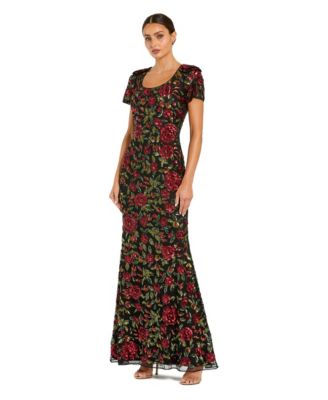 Women's Mac Dugga Floral Sequin Embroidered Short Sleeve Gown