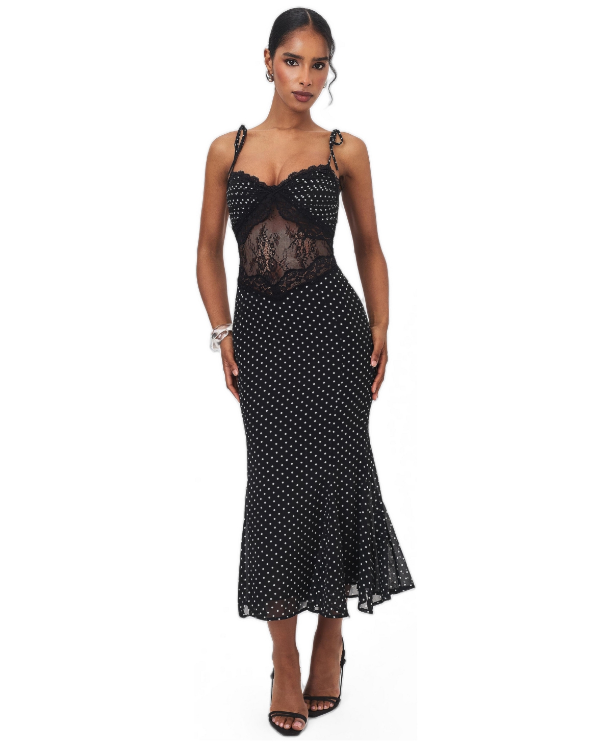 Miss Circle Women's Zehra Black Polka Dot Chiffon Lace Cutout Mermaid Midi Dress