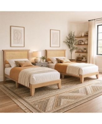 Twin Rattan Platform Bed Frame Set of 2 Boho Bed Frames Handwoven Headboard RGB LED Lights Solid Wood Slat Support No Box Spring Needed