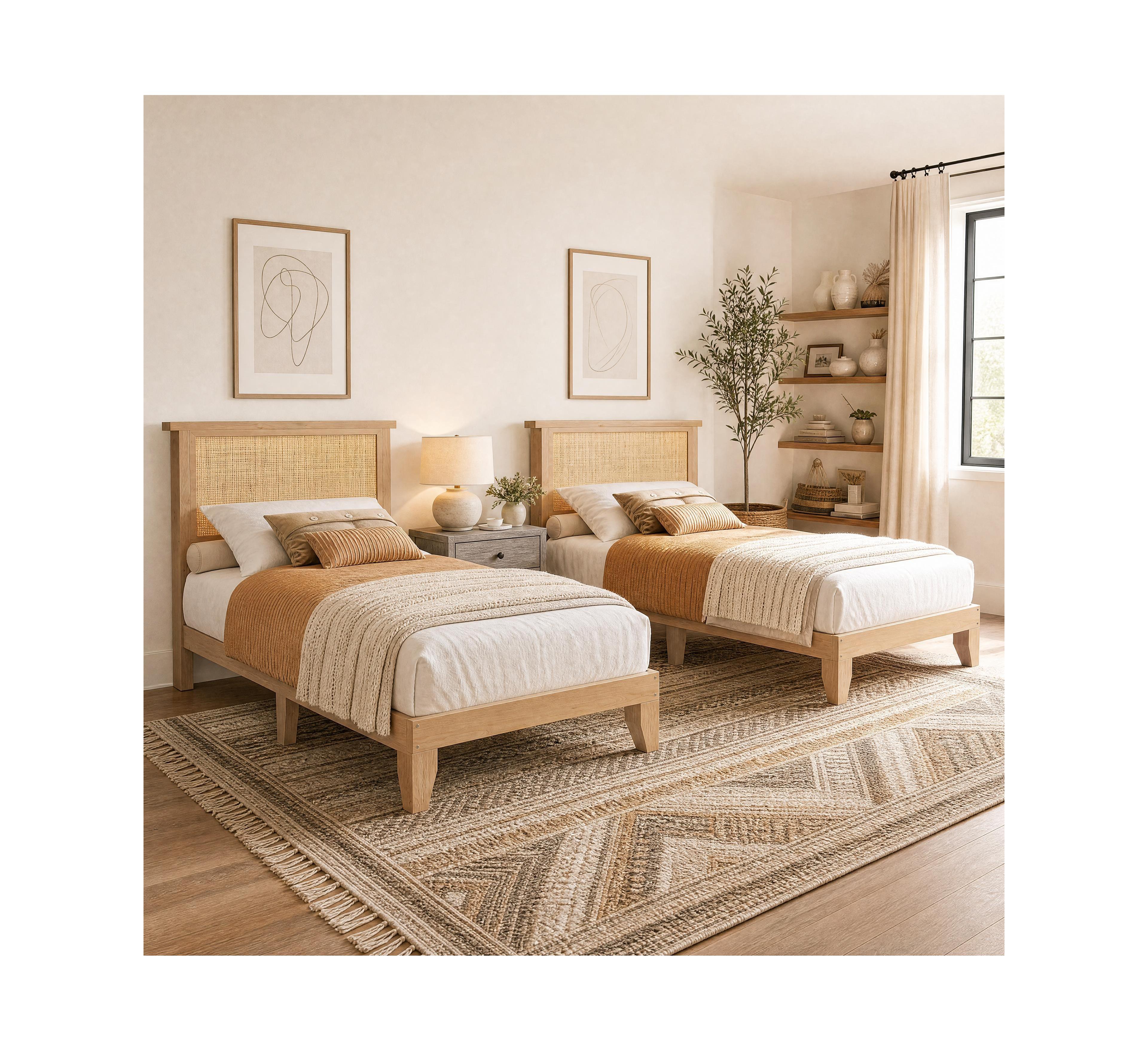 homfan Twin Rattan Platform Bed Frame Set of 2 Boho Bed Frames Handwoven Headboard Rgb Led Lights Solid Wood Slat Support No Box Spring Needed