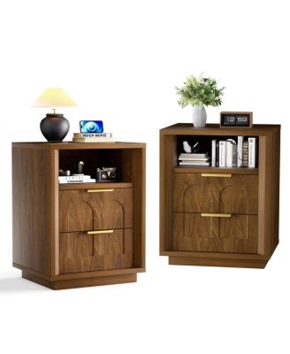 Large 2-Piece Walnut Bedside Table Set with Charging Station and 2 Drawers