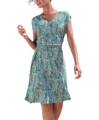 Women's Viscose Printed Smocked Waist A-Line V-Neck Short Dress