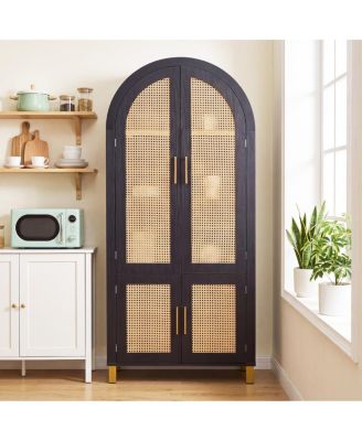 71" Arched Rattan Storage Cabinet with Adjustable Shelves and Doors