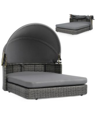 Wicker Dog House Outdoor with Adjustable Canopy 2 Detachable Soft Cushions