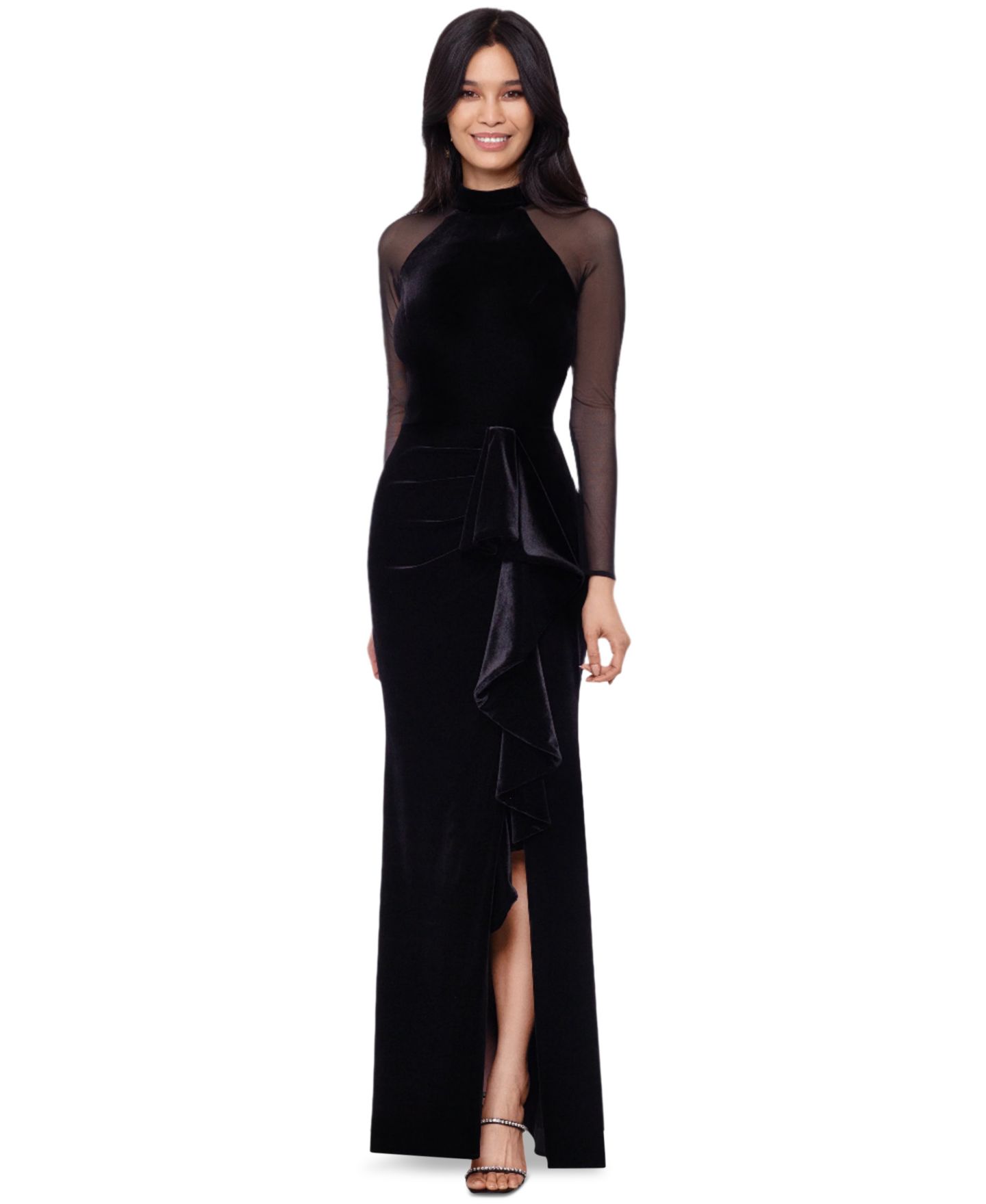 Женское платье B&A By Betsy and Adam Long-Sleeve Velvet Mock-Neck Gown, цвет: Чёрный — фото 1
