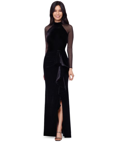 Женское платье B&A By Betsy and Adam Long-Sleeve Velvet Mock-Neck Gown, цвет: Чёрный