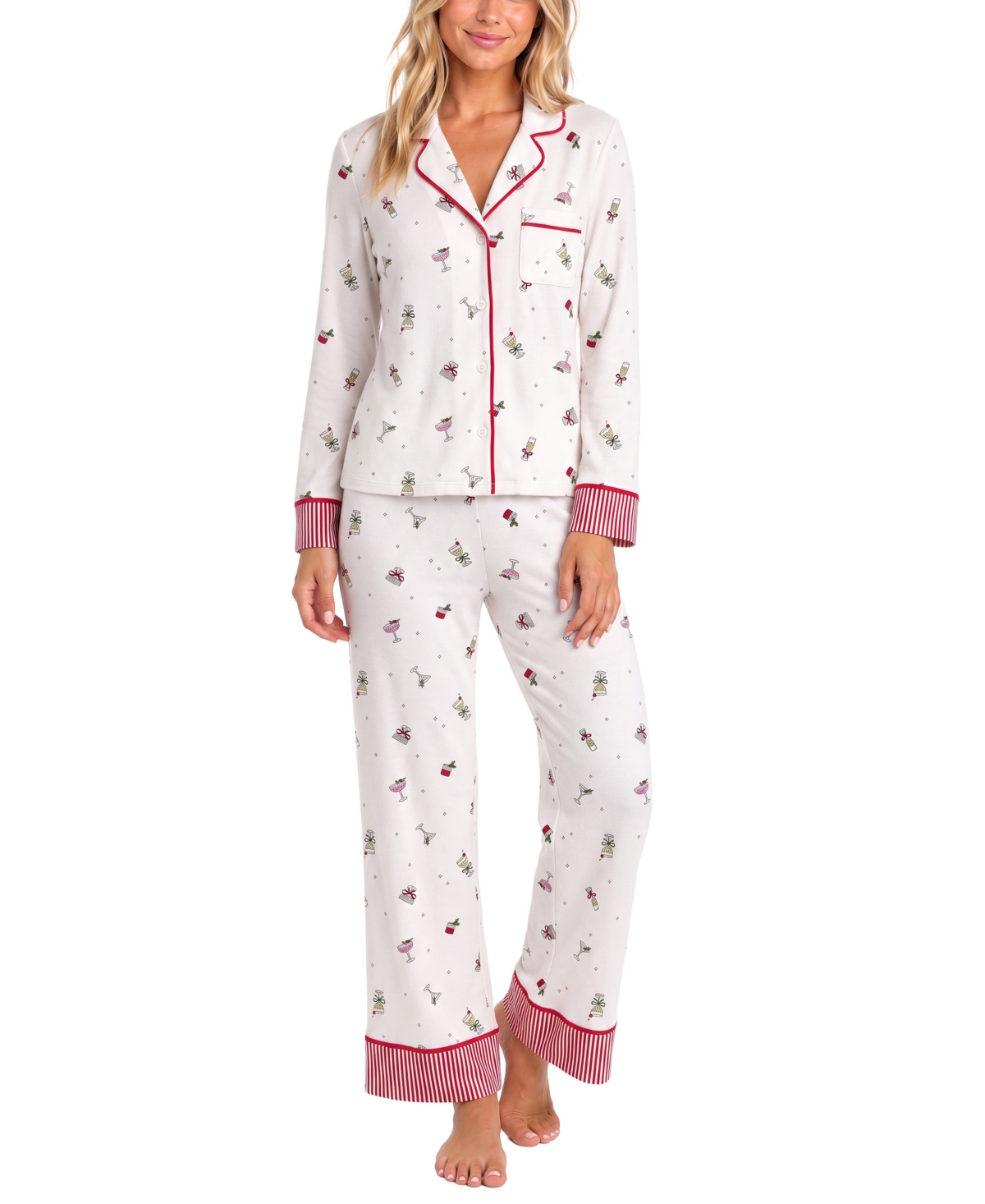 Roudelain Women's Cozy Luxe Long-Sleeve Print 2-Piece Pajama Set - Crystal Cocktail Christmas/ Jet Stream