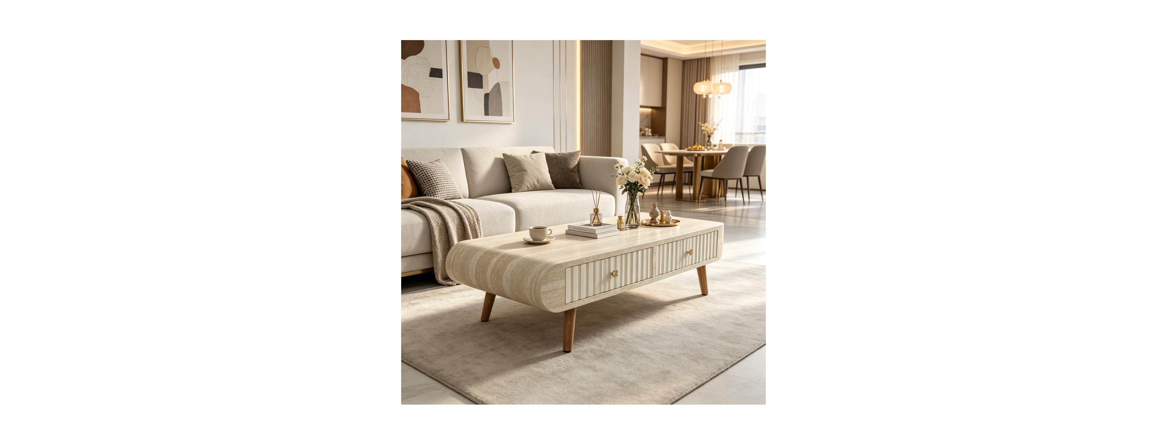 Streamdale Furniture Mid Century Modern Faux Marble Coffee Table with Drawer and Wood Legs