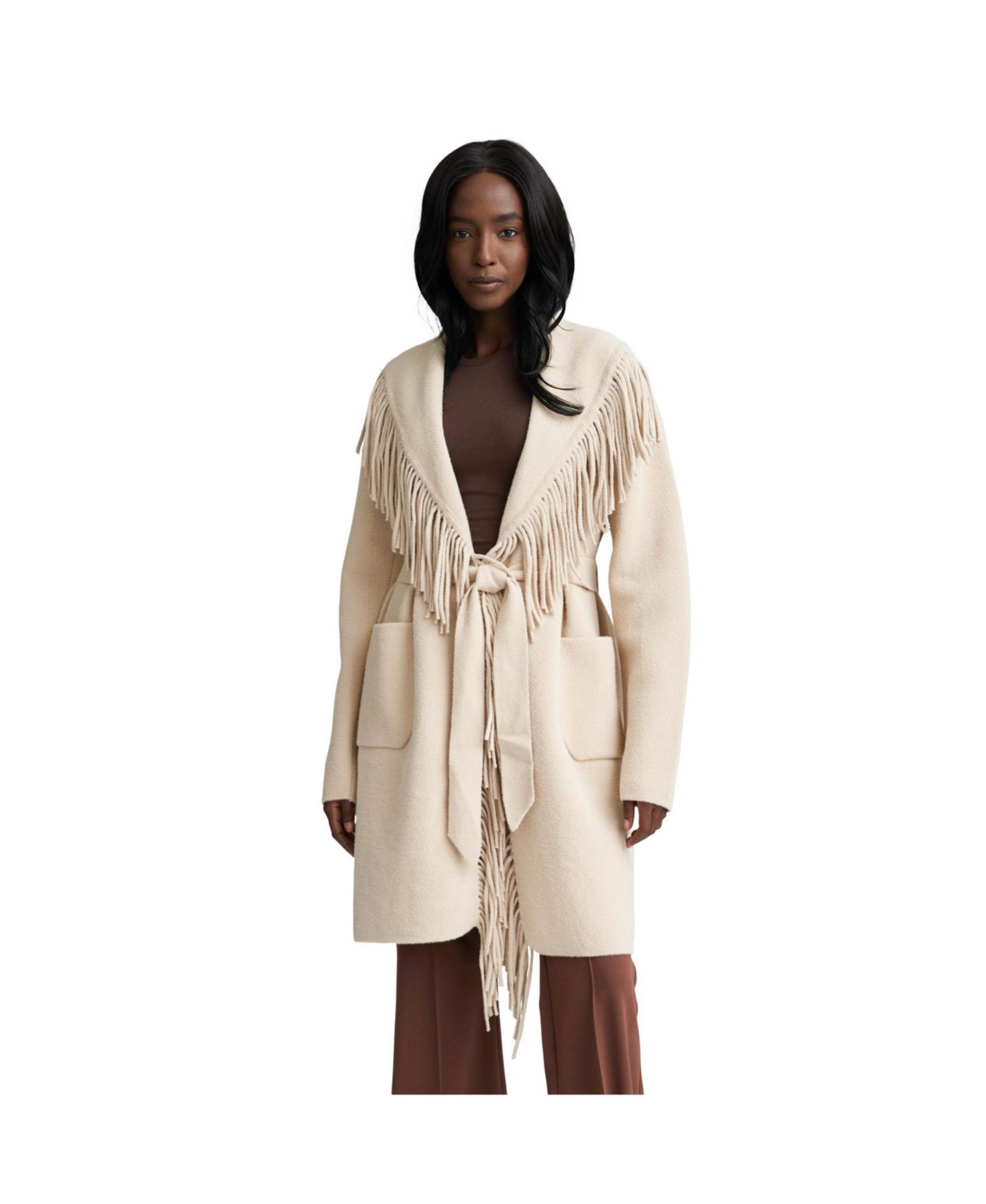 Женские куртки NVLT Eyelash Mink Wrap Fringe Coatigan, цвет: Светлый верблюжий — фото 1