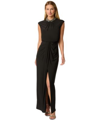 Women's Imitation Pearl Mock-Neck Embellished Front-Slit Gown